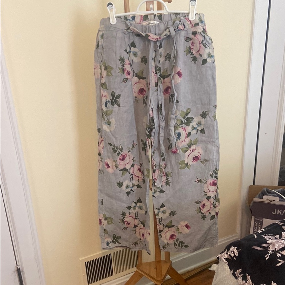 Floral Wide Leg Pants - Gray and Pink